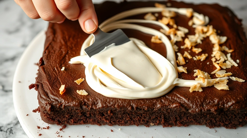 process: hand spreading frosting on chocolate cake layer with offset spatula, golden toasted coconut pieces visible, photorealistic, natural light, no text, close action shot