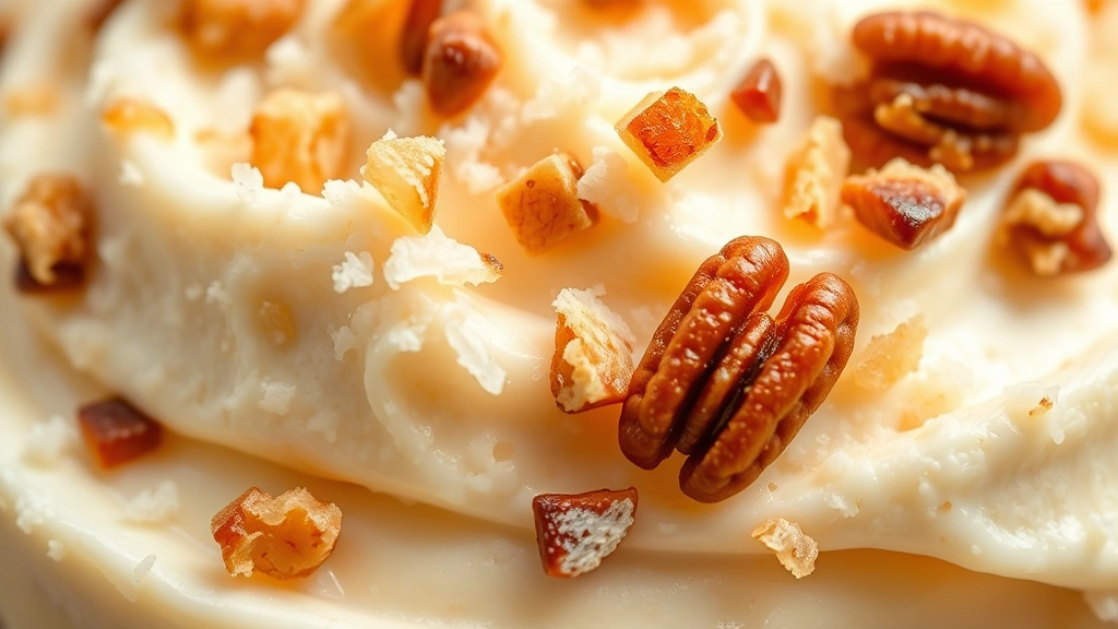 detail: close-up of frosting texture showing toasted coconut pieces and pecan chunks embedded in creamy frosting, photorealistic, natural light, no text, macro photography