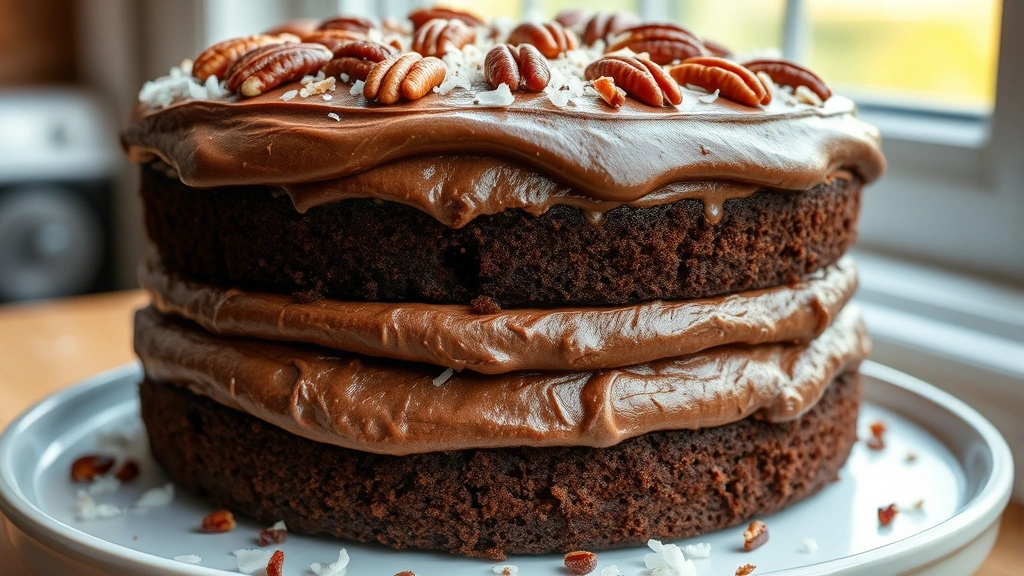 hero: A gorgeous three-layer German chocolate cake with thick, generous German chocolate frosting between layers and covering the exterior, topped with toasted pecans and coconut shreds, photographed from a slight angle showing the beautiful layers inside, natural window light, warm tones, no text or watermarks