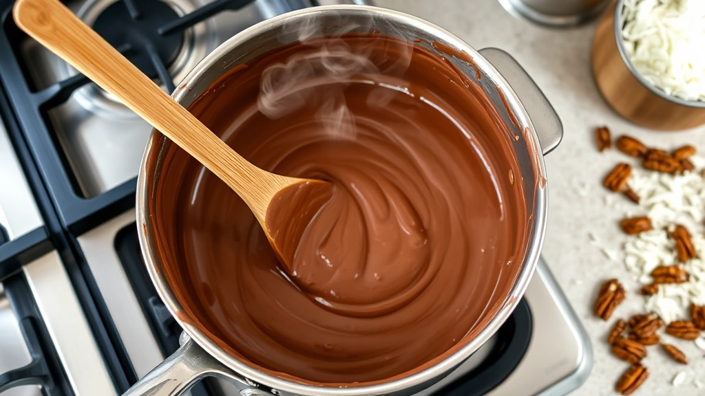 process: A saucepan on the stovetop with creamy German chocolate frosting being stirred with a wooden spoon, showing the thick custard-like consistency, steam rising slightly, pecans and shredded coconut visible nearby on the counter, natural kitchen lighting, no text