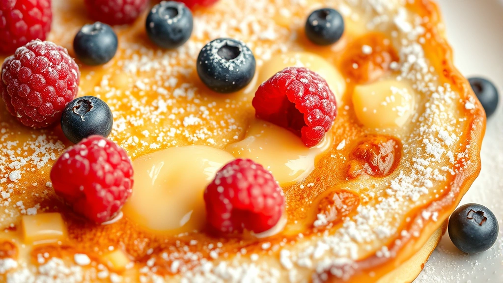 detail: Close-up of the crispy caramelized edges of a German pancake with the custardy center, fresh raspberries and blueberries scattered on top, powdered sugar dusting, natural light, no text, photorealistic