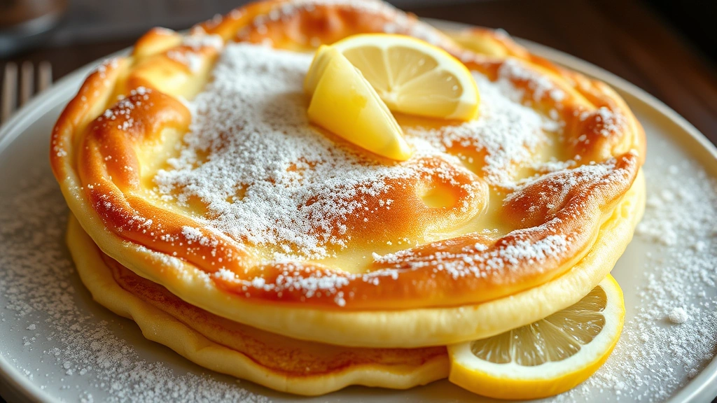 hero: golden puffy German pancake fresh from oven with dramatic puffed edges, dusted with powdered sugar and fresh lemon wedges, photorealistic, natural morning light, no text
