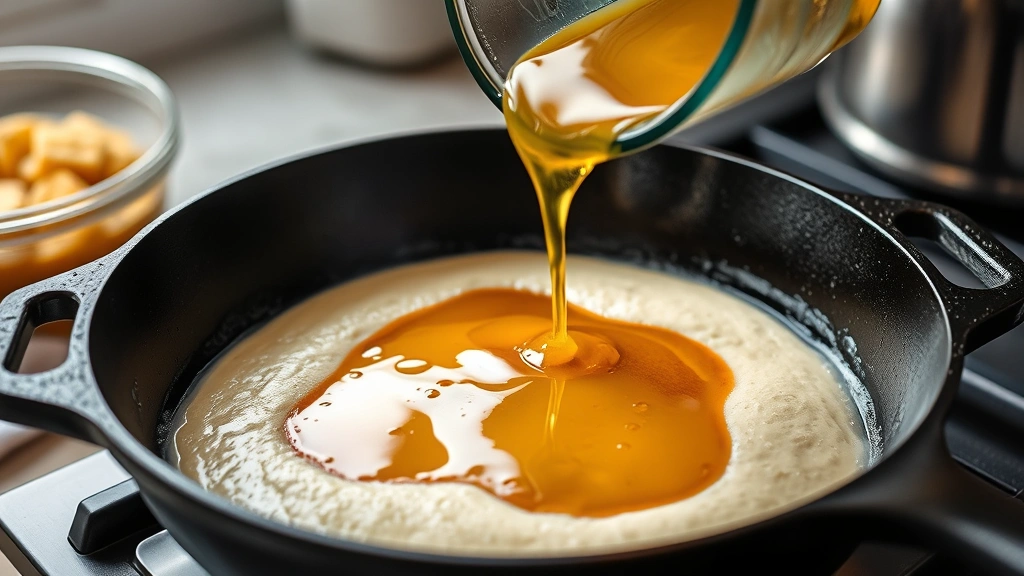 process: cast iron skillet with bubbling brown butter being poured into prepared batter, steam rising, photorealistic, natural kitchen light, no text