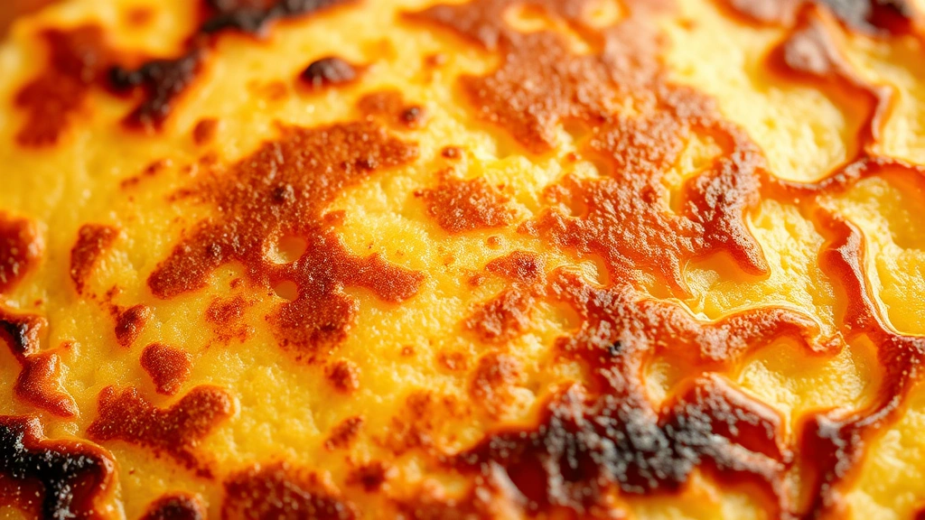 detail: close-up of crispy caramelized edge of German pancake with slight jiggle in center, showing texture contrast, photorealistic, natural light, no text