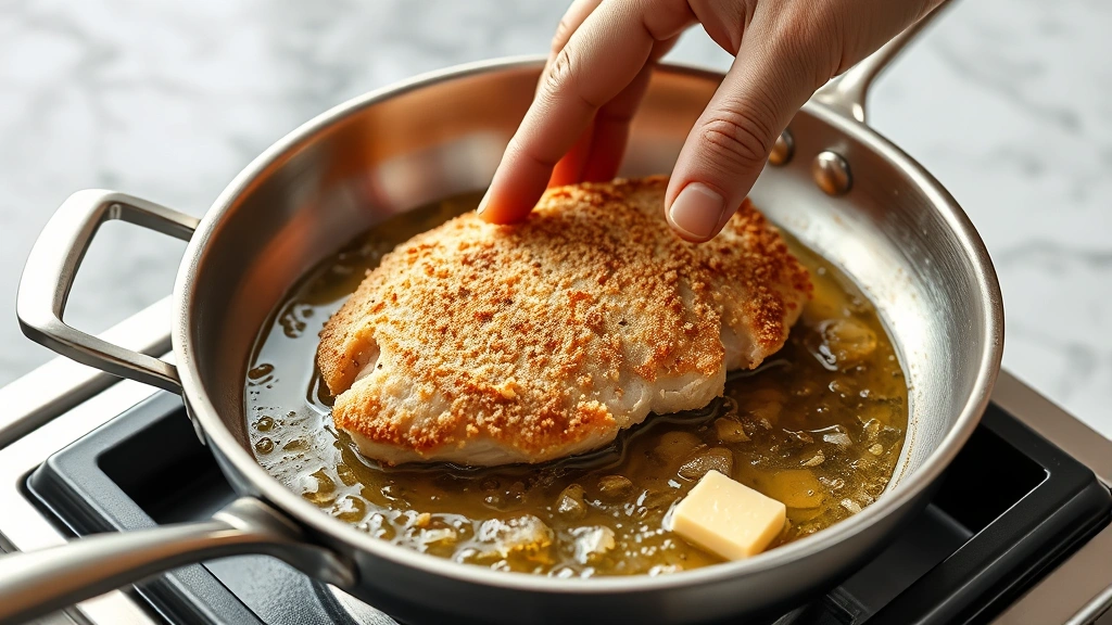 process: hand placing breaded pork cutlet into sizzling hot oil and butter in stainless steel skillet, photorealistic, natural light, no text, showing golden crust formation