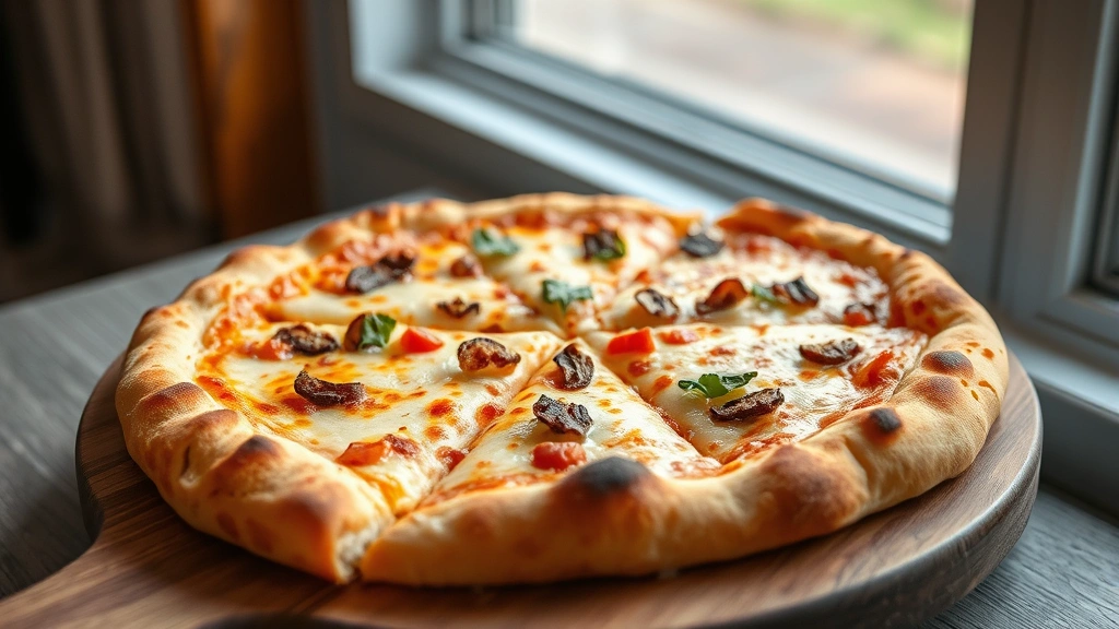 hero: freshly baked gluten-free pizza with melted cheese and toppings, golden-brown crispy crust, served on wooden board, photorealistic, natural window light, no text, appetizing