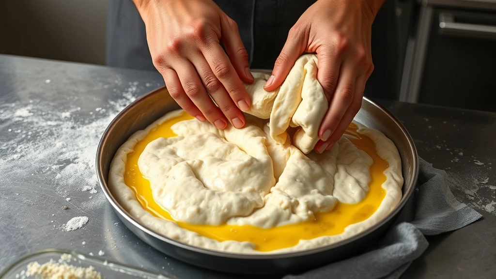 process: hands stretching gluten-free pizza dough in pan, dimpled surface, olive oil glistening, professional kitchen lighting, photorealistic, no text