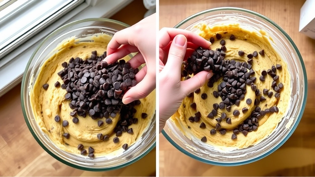 process: hands folding Ghirardelli chocolate chips into cookie dough in a mixing bowl, natural kitchen window light, overhead angle showing chocolate chips being distributed, no text