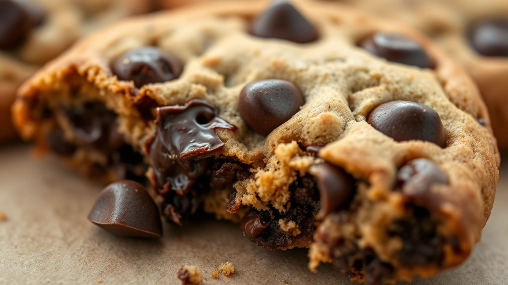 detail: single warm Ghirardelli chocolate chip cookie with melted chocolate and crispy edges, macro close-up shot, natural soft light, cookie slightly broken to show interior texture, no text