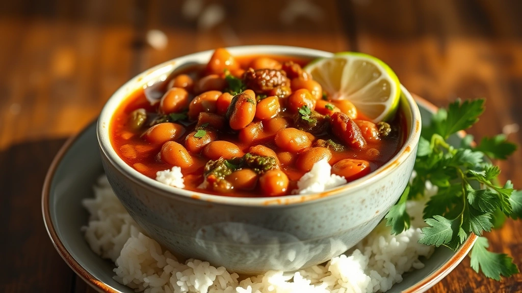 hero: steaming bowl of ghormeh sabzi herb stew with kidney beans served over fluffy basmati rice, garnished with fresh lime wedge, photorealistic, warm natural light from side, no text