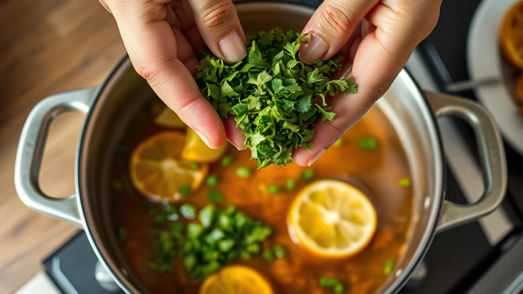 process: hands adding handful of chopped fresh green herbs into simmering pot of stew, dried limes visible in broth, photorealistic, natural kitchen light, no text