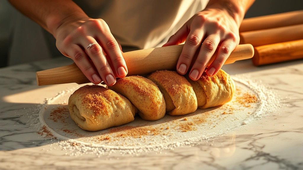 process: hands rolling cinnamon-sugar dough into tight log on marble countertop, golden dough, warm natural light, photorealistic, no text