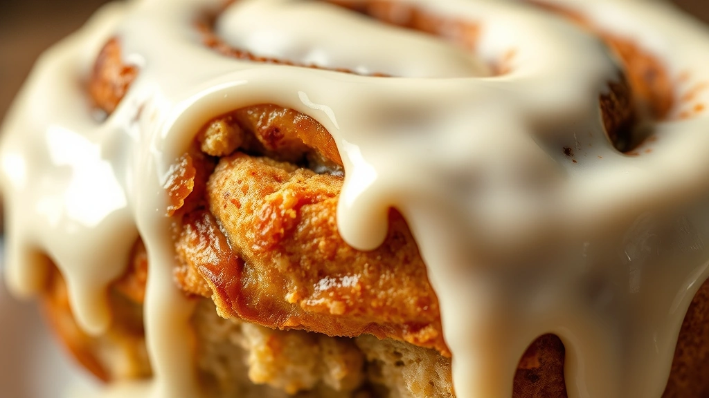 detail: extreme close-up of single giant cinnamon roll with melting cream cheese frosting dripping down sides, swirled cinnamon layers visible, warm bakery lighting, photorealistic, no text