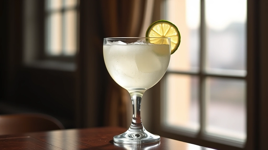 hero: classic gin gimlet cocktail in coupe glass with lime wheel garnish, condensation on glass, soft natural window light, blurred elegant background, photorealistic, no text