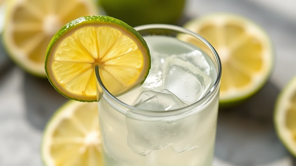detail: close-up of lime wheel garnish on rim of gimlet cocktail, ice cubes visible through clear liquid, fresh lime halves nearby, natural daylight, photorealistic, no text
