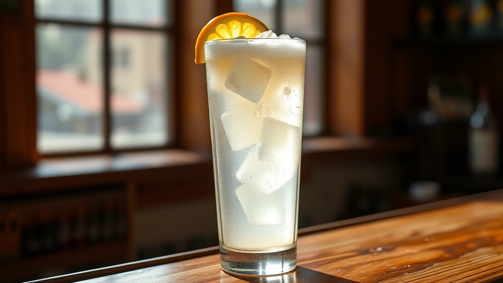 hero: tall Gin Fizz cocktail in highball glass with ice, topped with soda water and foam, lemon wheel garnish, condensation on glass, bright natural window light, wooden bar counter background, no text or watermarks