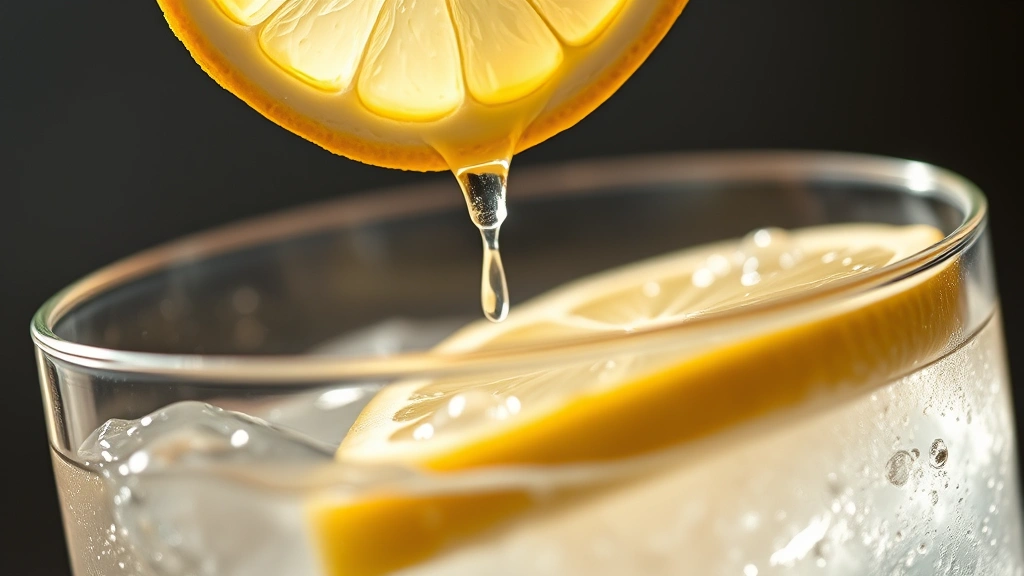 detail: close-up macro of lemon wheel being expressed over Gin Fizz, oils misting above drink, bubbles visible in glass, shallow depth of field, bright natural light, no text