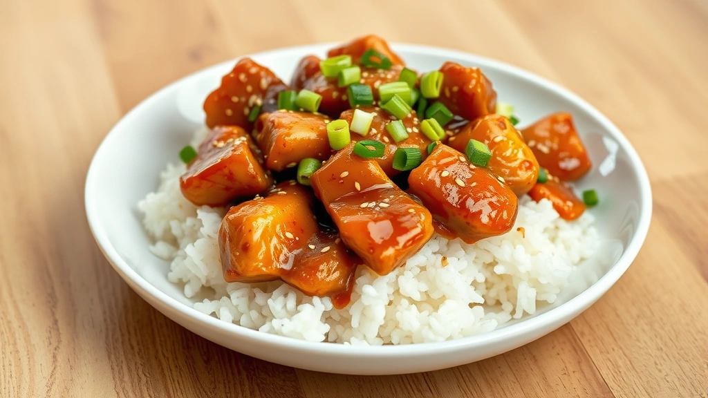 hero: plated ginger chicken with glossy sauce garnished with green onions and sesame seeds over steamed rice, photorealistic, warm natural lighting, no text