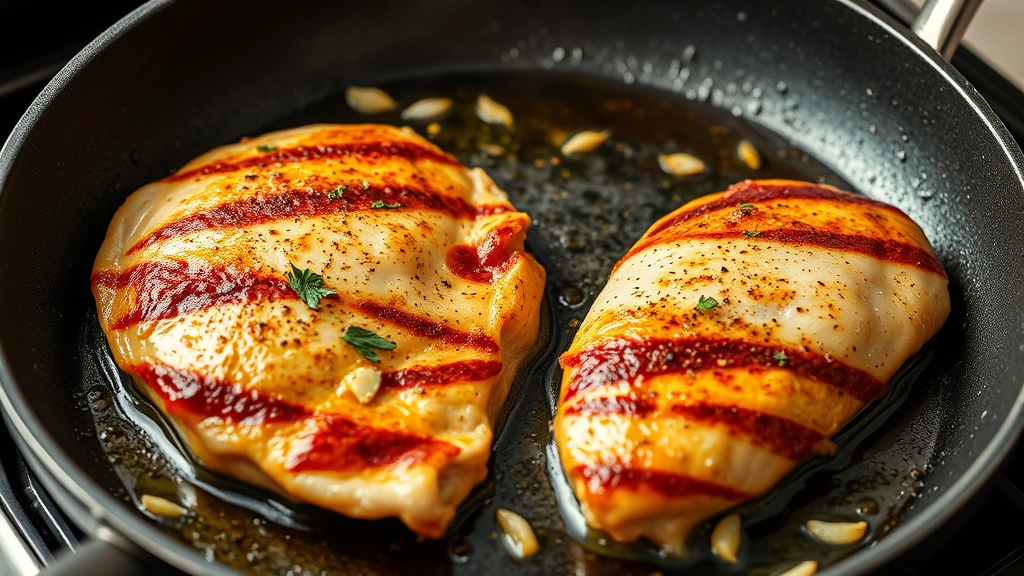 process: searing golden chicken breasts in a hot skillet with ginger and garlic aromatics visible, photorealistic, natural kitchen lighting, no text