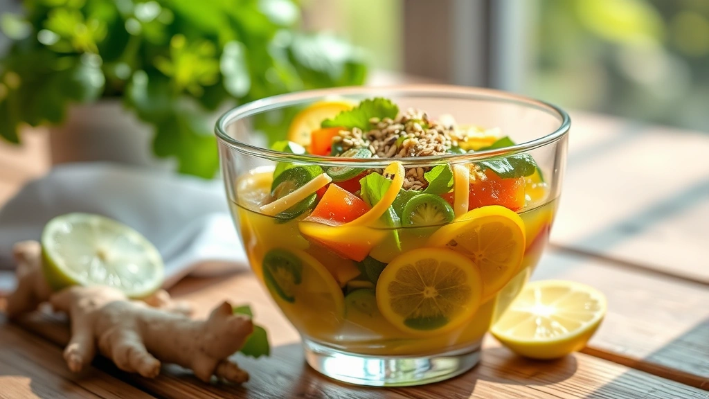 hero: Beautiful glass bowl filled with vibrant ginger salad dressing, sesame seeds sprinkled on top, fresh ginger root and lime nearby, natural sunlight streaming across wooden table, shallow depth of field