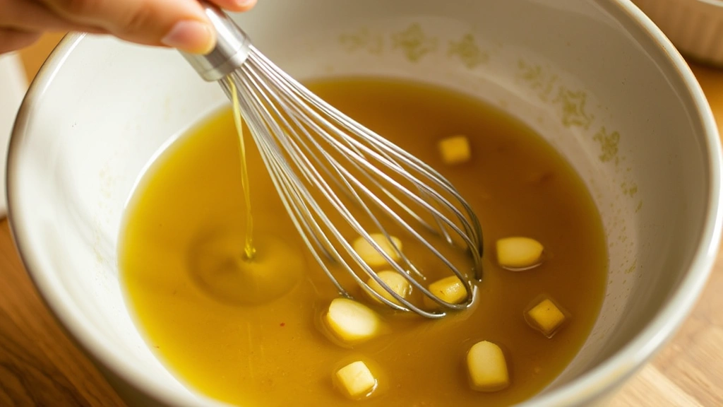 process: Hands whisking together ginger dressing in ceramic bowl with stainless steel whisk, sesame oil being drizzled in, fresh ginger pieces visible, warm kitchen lighting, close action shot
