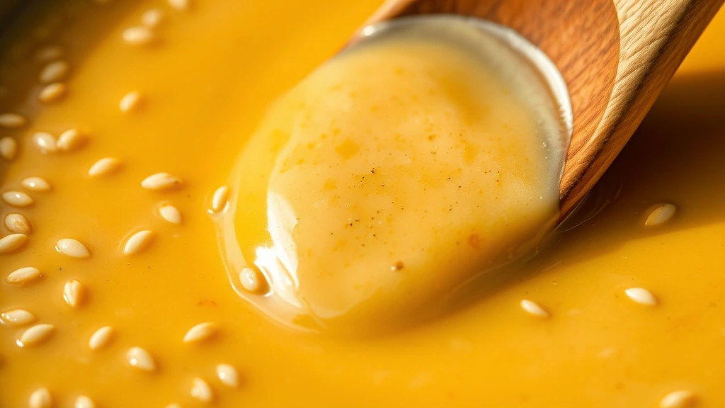 detail: Close-up macro shot of creamy ginger dressing with visible sesame seeds and ginger flecks, wooden spoon dipping in, natural light highlighting golden-amber color and texture, no people visible