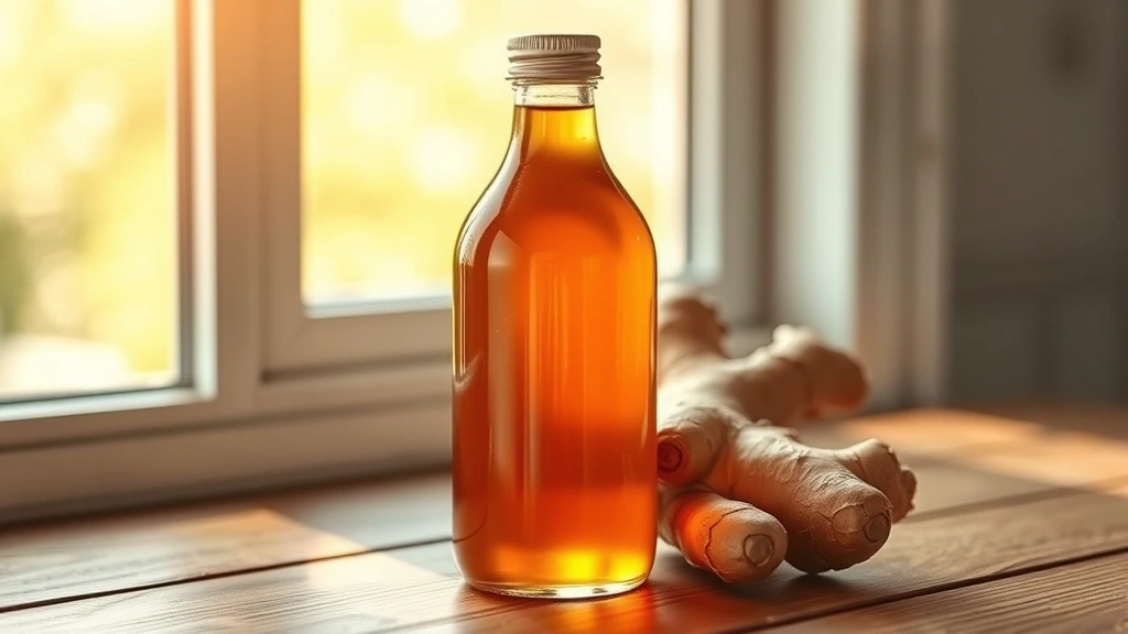 hero: golden amber ginger syrup in glass bottle with fresh ginger root beside it, photorealistic, natural sunlight streaming through window, no text, wooden surface