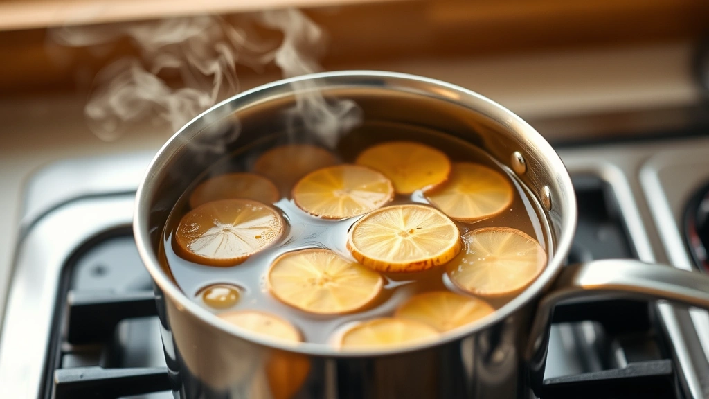 process: simmering ginger slices in water in stainless steel saucepan on stovetop, photorealistic, warm kitchen lighting, steam visible, no text