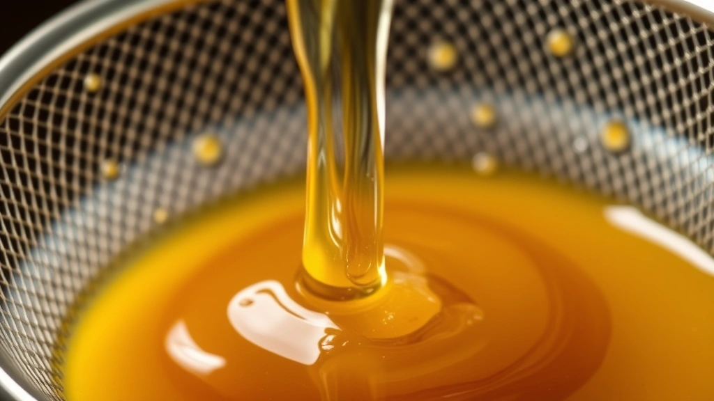 detail: close-up of strained ginger syrup dripping through fine mesh strainer with ginger pulp visible, photorealistic, macro photography, natural light, no text