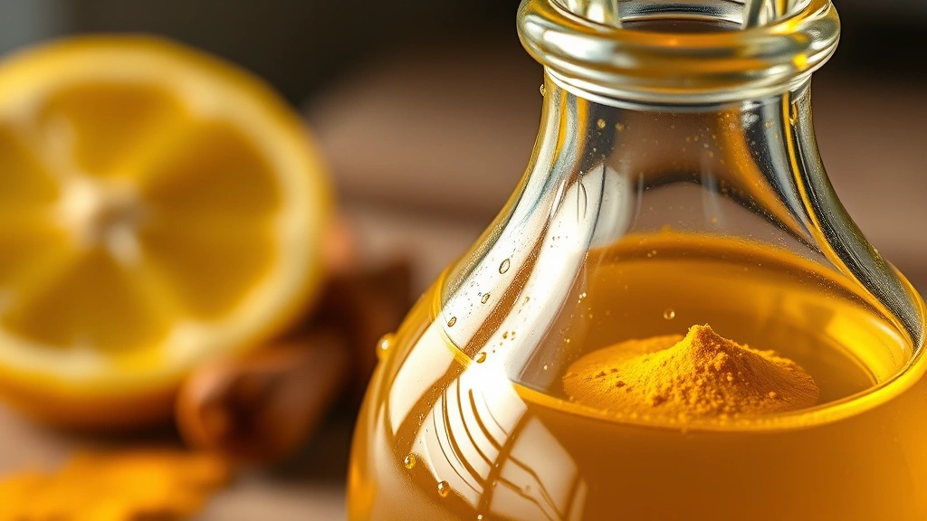 detail: close-up of finished golden shot in elegant small glass bottle, fresh lemon slice and turmeric powder visible in background, dewdrops on bottle, warm golden hour lighting, macro photography, no text
