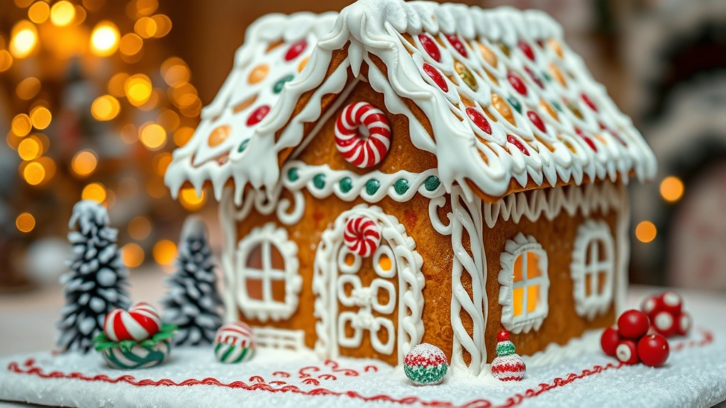 hero: beautifully decorated gingerbread house with white royal icing piped details, candy decorations, and snow-like icing drips, photographed from front angle with warm winter lighting, sharp focus on intricate details, no text visible