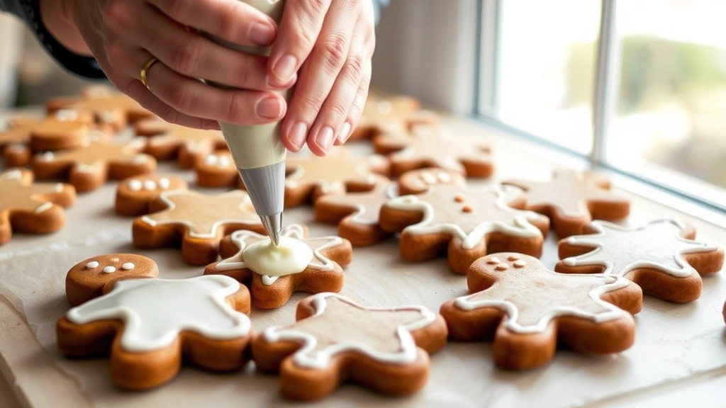 process: hands piping white royal icing onto gingerbread pieces with pastry bag, close-up action shot of icing application, bright natural window light, showing technique and consistency of icing, no text