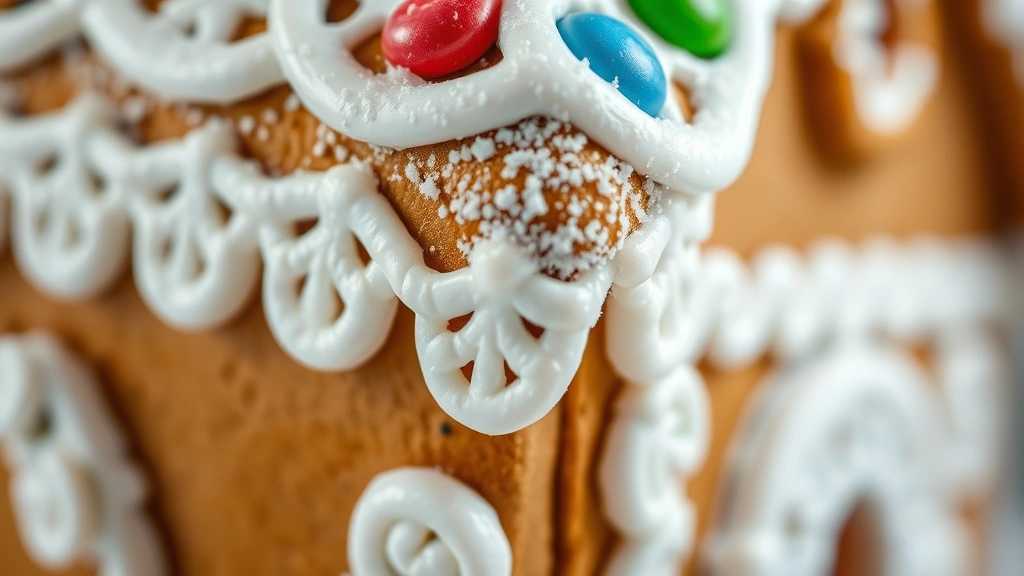 detail: extreme close-up of royal icing piped borders and decorative details on gingerbread house, crystallized icing texture clearly visible, white icing with candy embellishments, macro photography style, no text