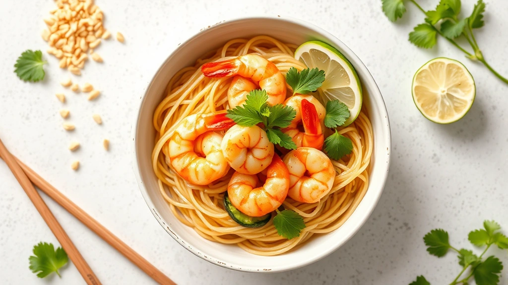 hero: vibrant glass noodle stir-fry bowl with shrimp, fresh cilantro and mint garnish, crushed peanuts, lime wedge, photorealistic, natural daylight, overhead flat lay, no text