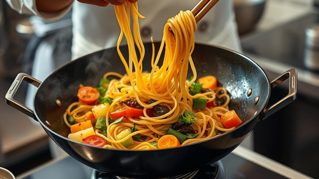 process: chef's hands tossing glass noodles in wok with vegetables and sauce, steam rising, photorealistic, warm kitchen lighting, action shot, no text