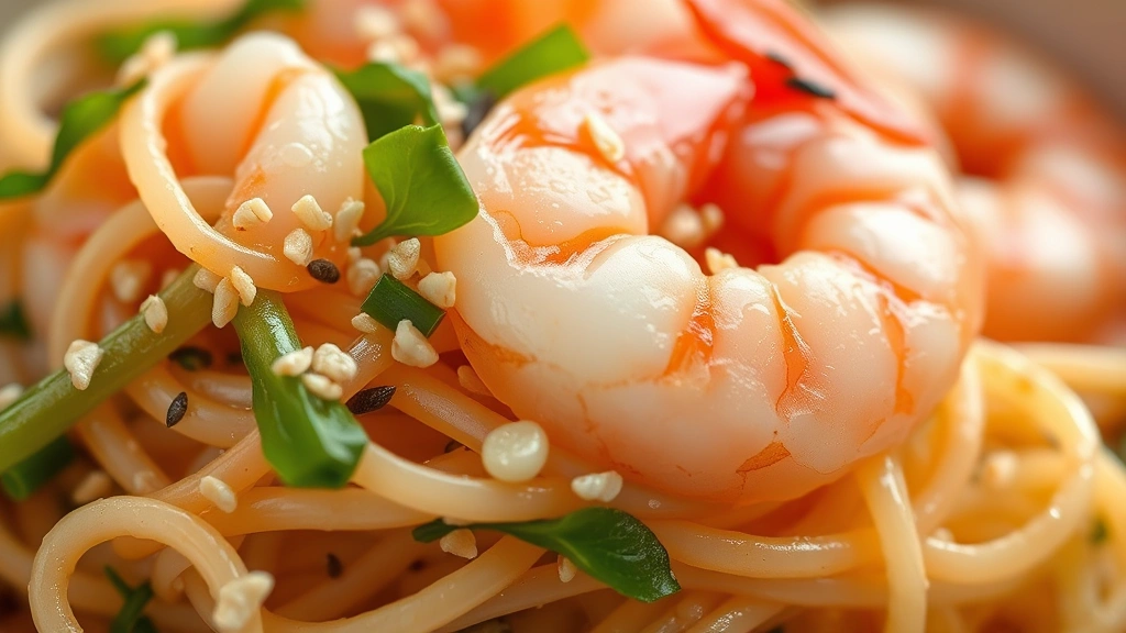 detail: close-up macro of glass noodles with pink shrimp, green herbs, and sesame seeds, shallow depth of field, photorealistic, natural light, no text