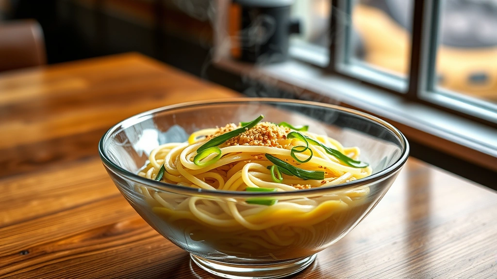 hero: steaming bowl of glossy glass noodles with green onions and sesame seeds, photorealistic, natural daylight window lighting, wooden table background, no text or watermarks