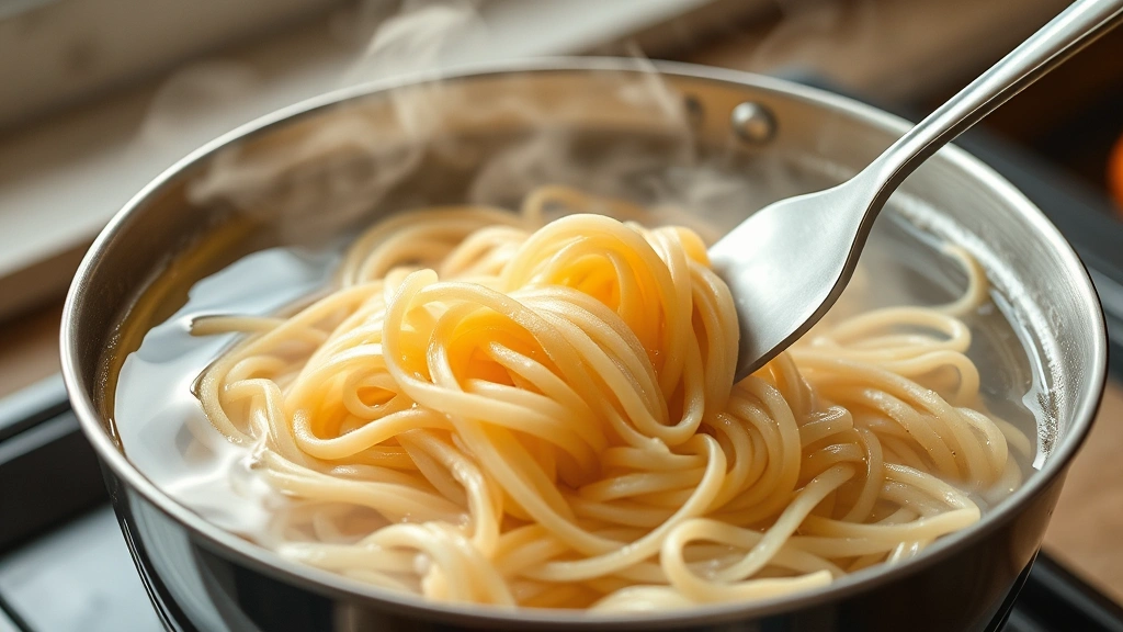 process: glass noodles cooking in boiling water with fork stirring them, photorealistic, steam visible, natural kitchen lighting, no text or watermarks