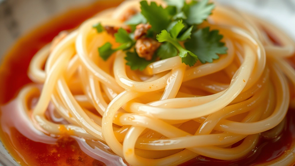 detail: close-up of translucent glass noodles with sauce and garnish, photorealistic, macro photography, natural soft lighting, no text or watermarks