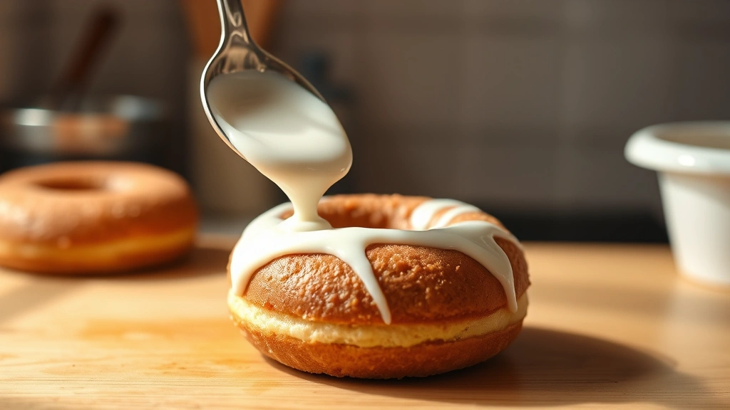 process: pouring smooth white glaze from spoon over freshly baked donut, photorealistic, warm natural light, kitchen counter setting, no text