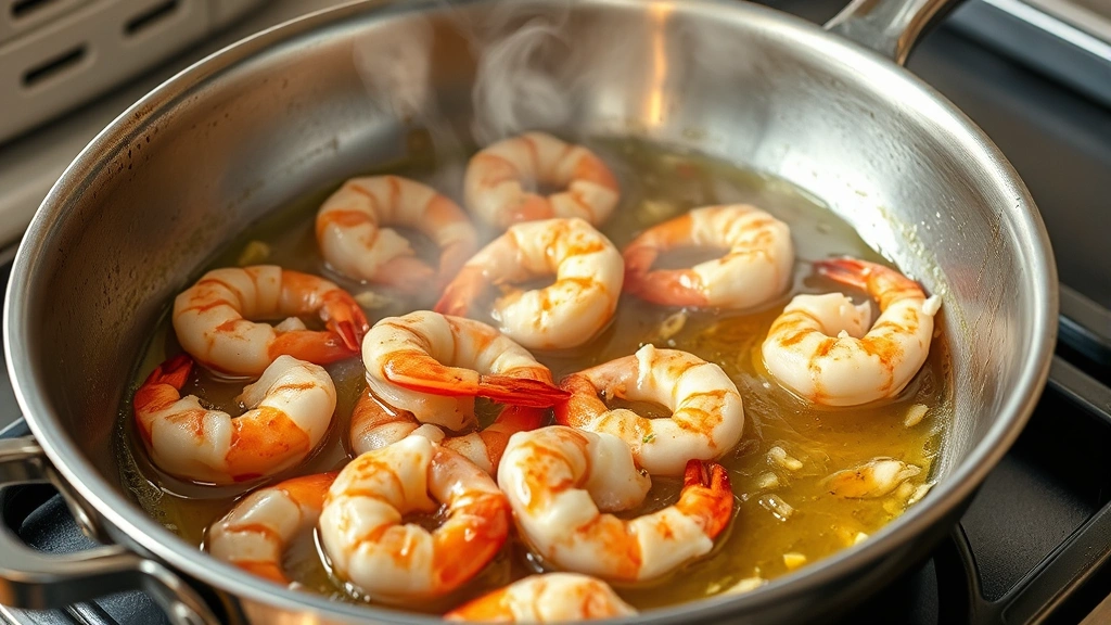 process: shrimp cooking in butter and garlic in stainless steel skillet, photorealistic, natural light, steam rising, no text