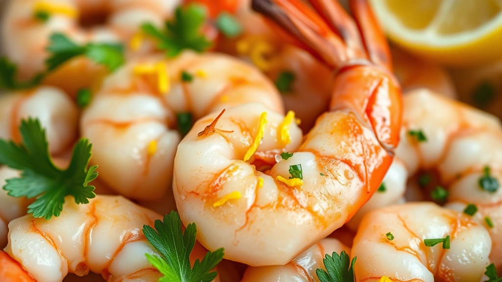 detail: close-up of cooked shrimp with lemon zest and fresh parsley, photorealistic, natural light, shallow depth of field, no text