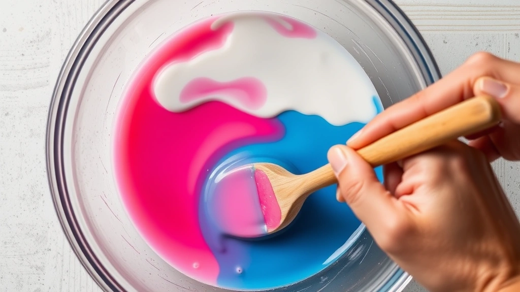 process: overhead shot of mixing bowl with glue and borax solution being combined, hands stirring with wooden spoon, color transformation happening, photorealistic natural lighting, no text