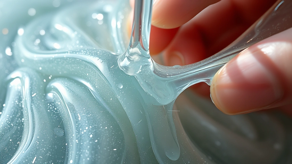 detail: extreme close-up macro shot of gloop texture showing stretchy strands and sparkles, hands pulling and stretching the gloop, natural daylight, photorealistic, no text