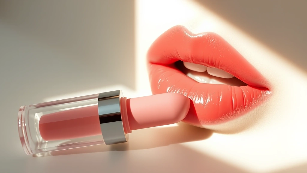 hero: glow recipe lip balm in clear tube with dewy glossy finish on lips, photorealistic, natural window light, no text