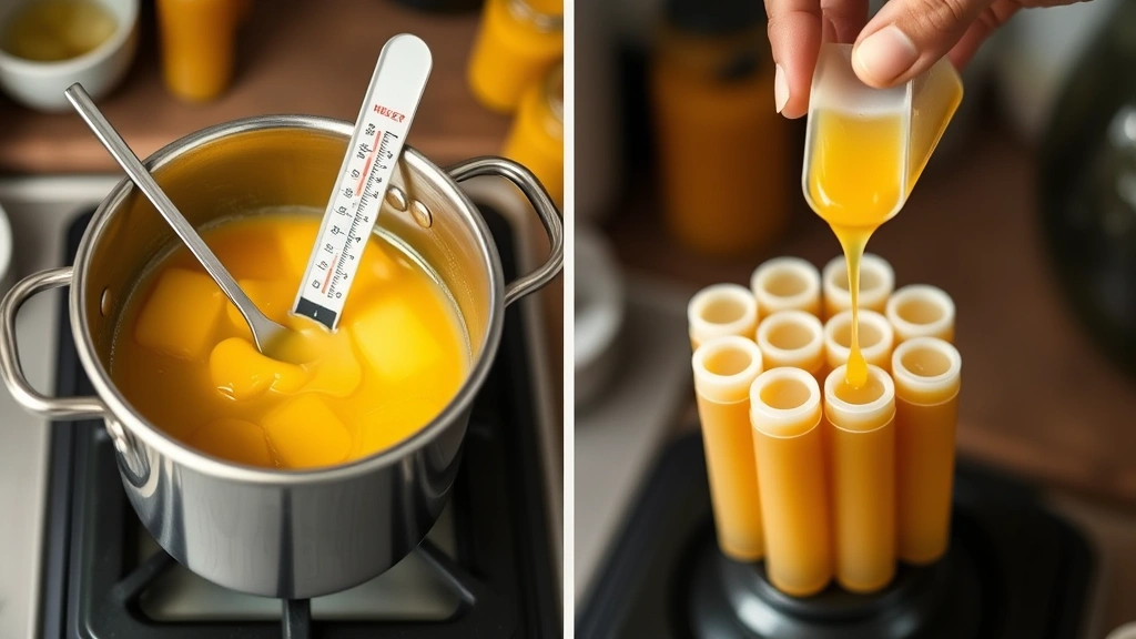 process: melting beeswax and oils in double boiler with thermometer, pouring into lip balm tubes, photorealistic, natural kitchen light, no text