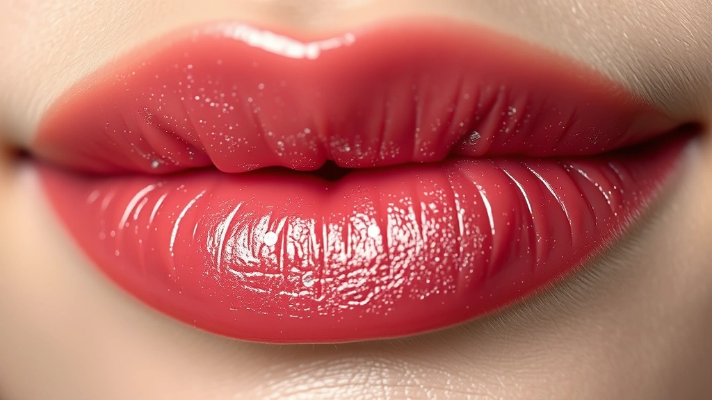 detail: close-up of finished lip balm with shimmer and glow on lips, macro photography, photorealistic, natural light, no text