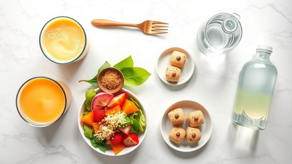 hero: flat lay of complete glow recipe set showing golden milk latte, smoothie bowl with toppings, radiance salad, collagen energy bites, and glow water on marble surface, photorealistic, natural soft window light, no text, vibrant colors