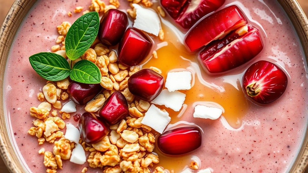 detail: close-up of smoothie bowl with granola, coconut, pomegranate seeds, and honey drizzle, photorealistic, natural light from above, no text, shallow depth of field