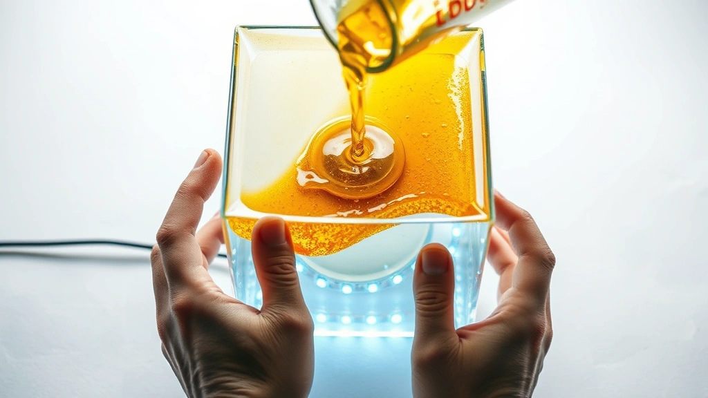 process: hands pouring golden resin into glass cube with LED strip visible, photorealistic, bright overhead lighting, no text, action shot